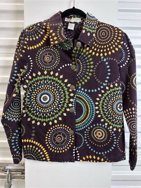 Bamboo Traders Purple Shirt with Turquoise, Lime & Yellow Geometric Print
